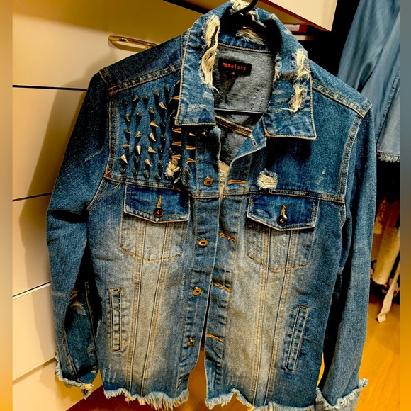 Nameless Jackets & Blazers - Distressed Denim Jacket, Metallic Silver Rivets, Designed by Nameless, Medium